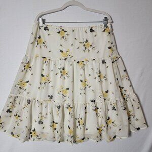 Society+Stitch Womens Skirt Sz L Elastic Waist Tiered Lined White Yellow Floral